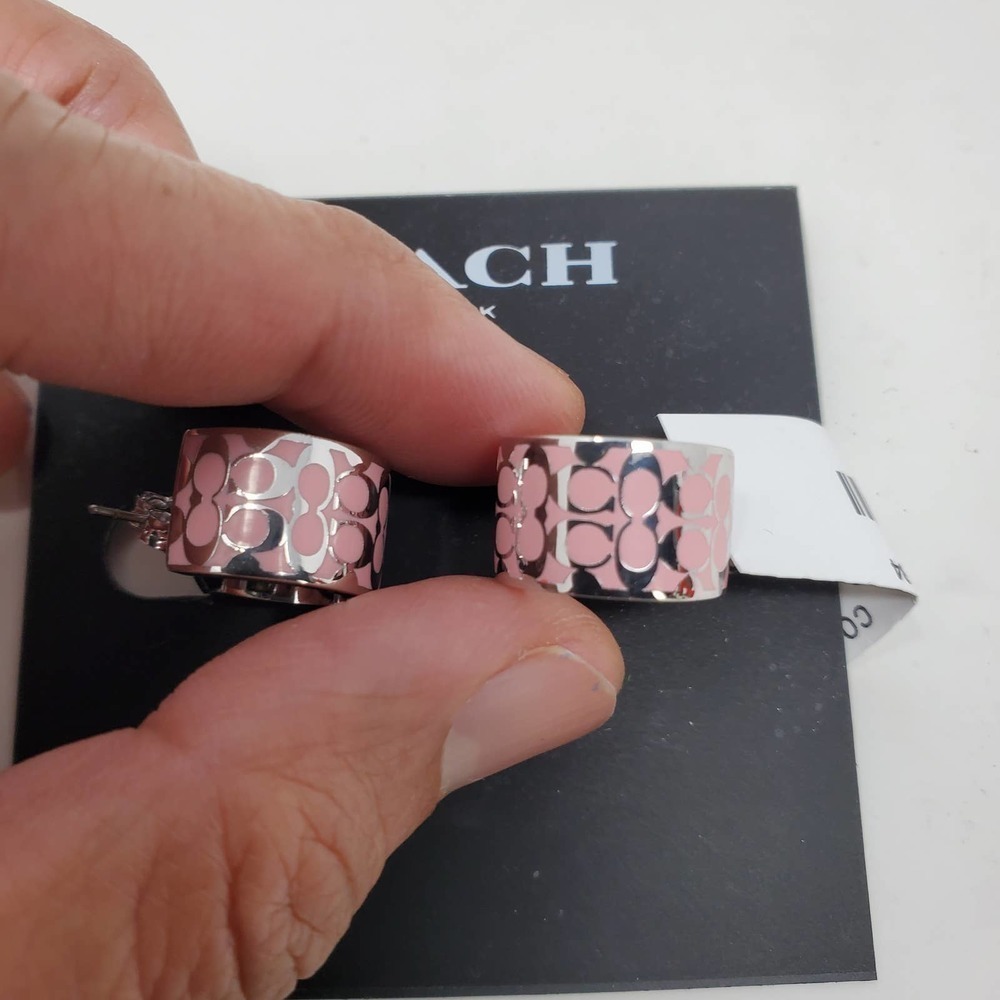 Coach Signature Enamel Huggie Cuff Pink Earrings